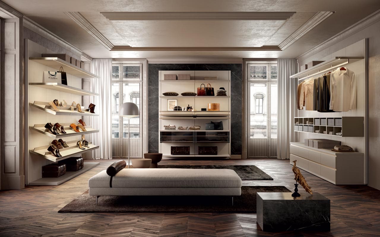 Luxury custom closet in Dallas with shoe shelving wardrobe storage and modern Italian Pedini finishes