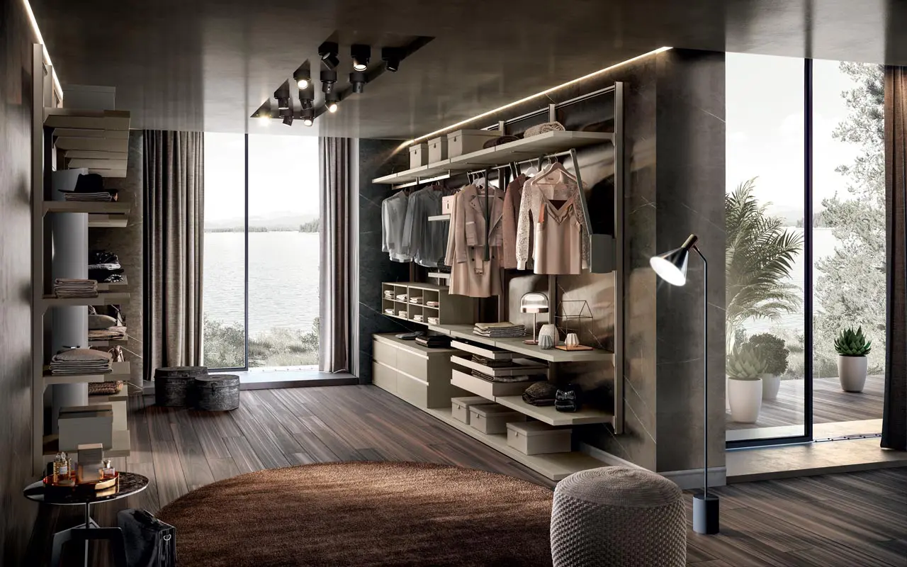 Modern custom closet in Dallas with Italian wardrobe shelving hanging space and luxury Pedini design