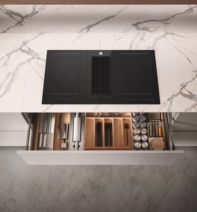 Orion grey finish wooden cutlery tray and plate rack with stainless steel accessories in kitchen