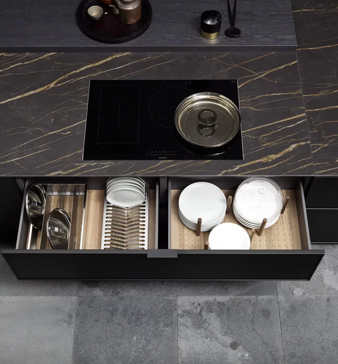 Orion grey finish wooden plate rack, cutlery tray, and drawer organizers for kitchen storage in